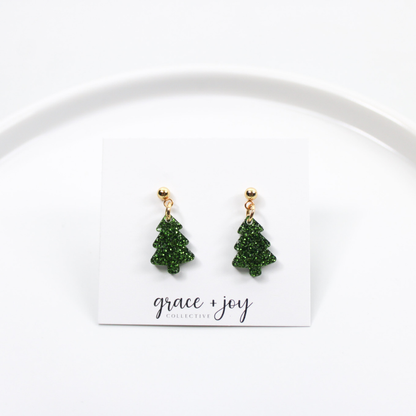 Green Glitter Christmas Tree Earrings