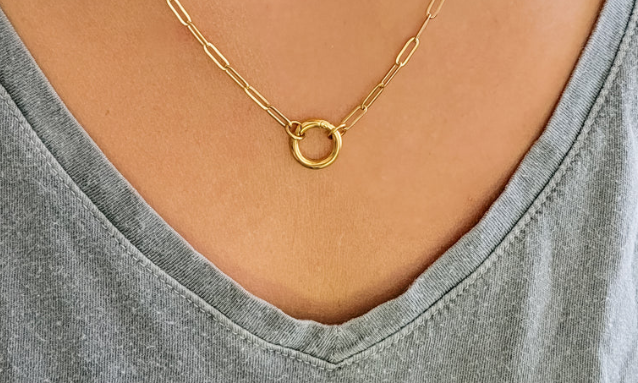 Round Charm Holder Paperclip Chain Necklace