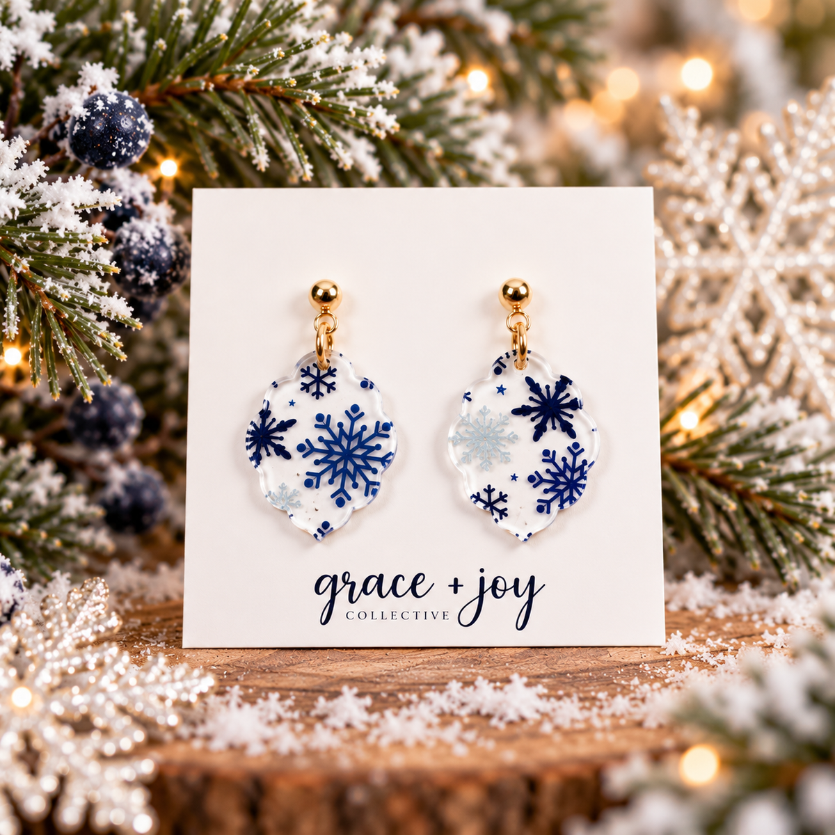Blue Snowflake Christmas Earrings Scallop Earrings