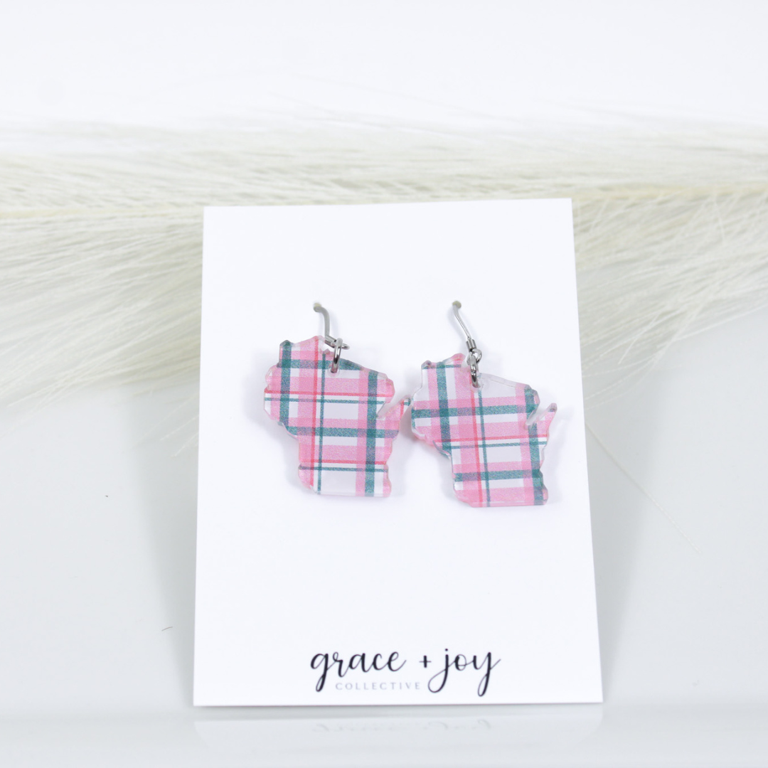 Pink and Grey Plaid Wisconsin Earrings -Dangles image 1