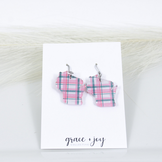 Pink and Grey Plaid Wisconsin Earrings -Dangles image 1