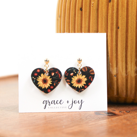 Fall Sunflower Heart Earrings -Dangle image 0