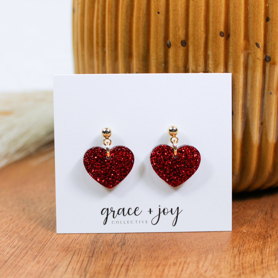 Red Glitter Heart Earrings - Dangle image 2