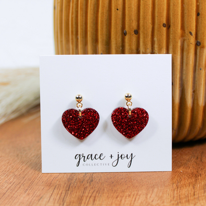 Red Glitter Heart Earrings - Dangle image 2