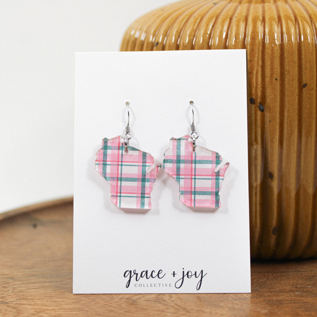 Pink and Grey Plaid Wisconsin Earrings -Dangles image 0