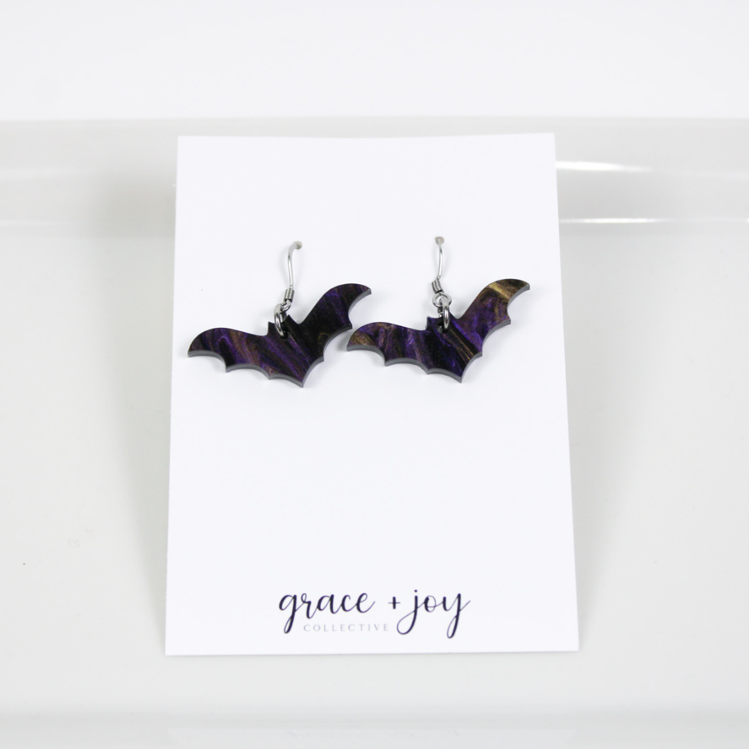 Purple and Black Halloween Bat Earrings - Dangle image 0