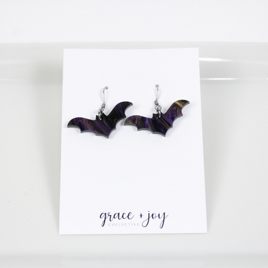 Purple and Black Halloween Bat Earrings - Dangle image 0