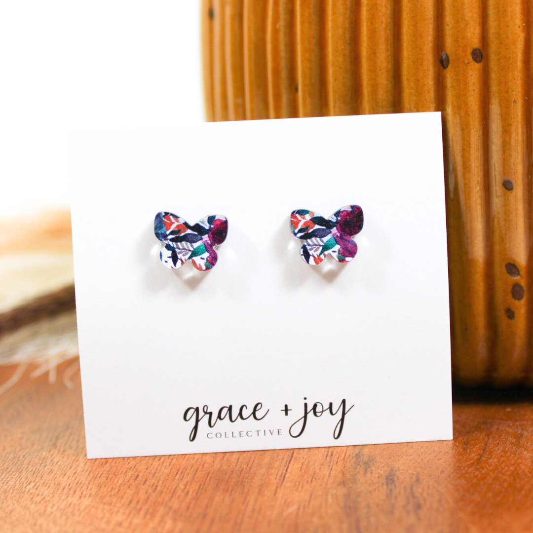 Watercolor Floral Butterfly Earrings -Studs image 3