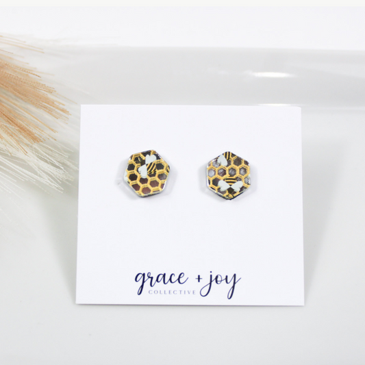 Honeycomb Bee Earrings -Studs Acrylic image 0