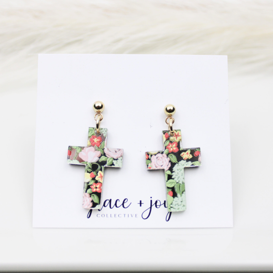 Floral Cross Earrings - Prink and Green -Dangle image 2