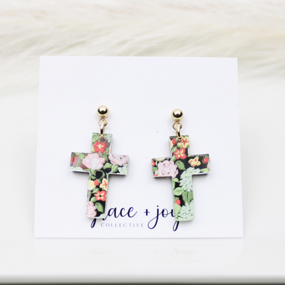 Floral Cross Earrings - Prink and Green -Dangle image 2