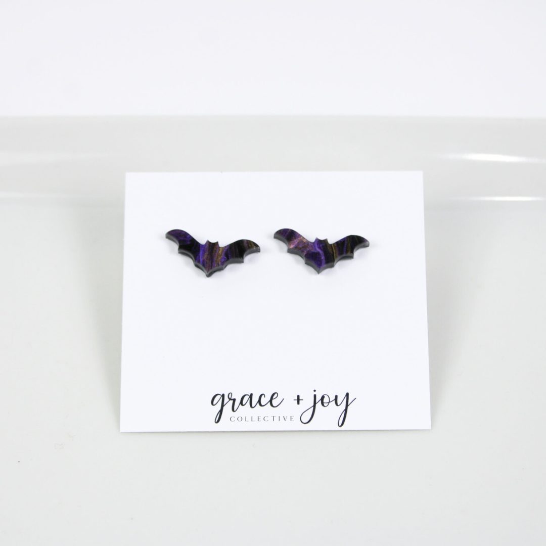 Purple and Black Halloween Bat Earrings - Stud image 0