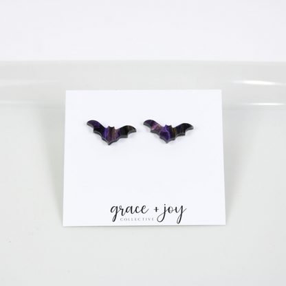 Purple and Black Halloween Bat Earrings - Stud image 0