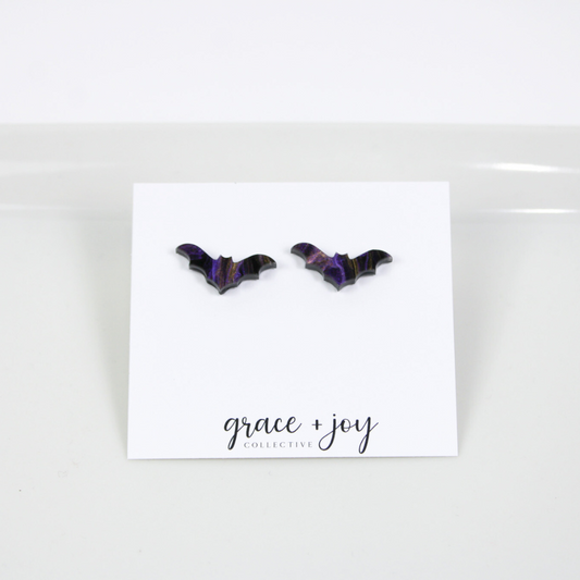 Purple and Black Halloween Bat Earrings - Stud image 0