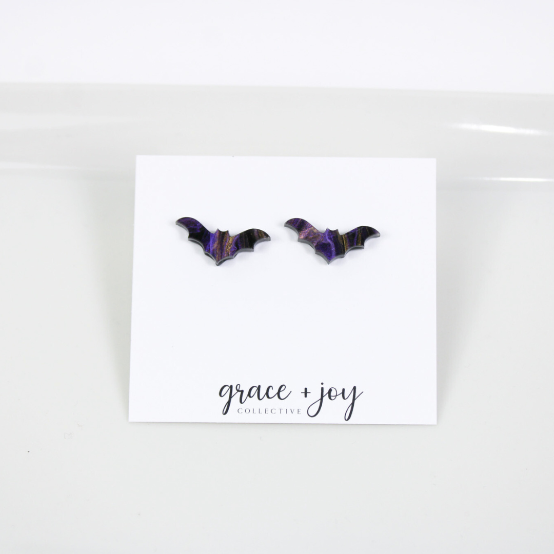 Purple and Black Halloween Bat Earrings - Stud image 2