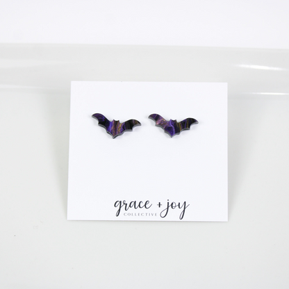 Purple and Black Halloween Bat Earrings - Stud image 2