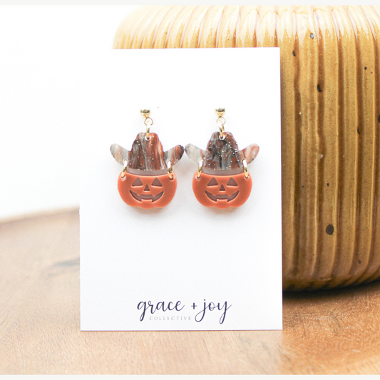 Cowboy Pumpkin Earrings - Dangle Cowboy Hat Halloween image 1