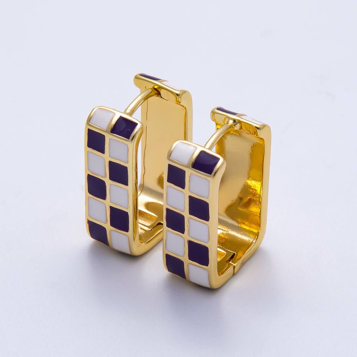 Checkered Enamel Square Huggie Earrings
