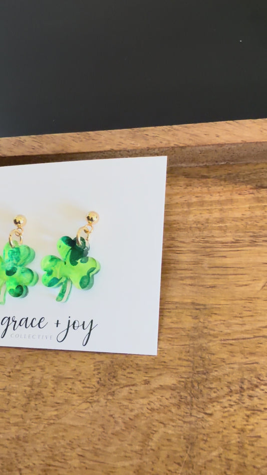Green Watercolor Shamrock Earrings